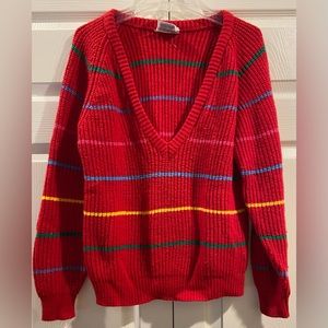 VINTAGE Cherry Stix Sweater Women Medium Red V Neck Hand Knit Colorful 90s